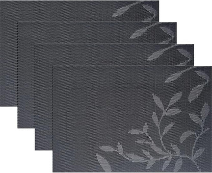 Leaf Placemats Set of 4, Non-Slip Heat-Resistant 18" x 12" Vinyl Washable Placemats for Kitchen Indoor Outdoor Party Birthdays Weddings Decoration (Black)