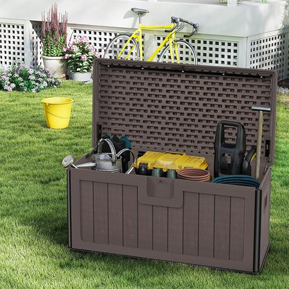 100 Gallon Deck Box, Double-Wall Construction Waterproof Outdoor Patio Storage Box, Lockable Deck Storage Bin Outdoor Storage Bench for Pool Patio Garden