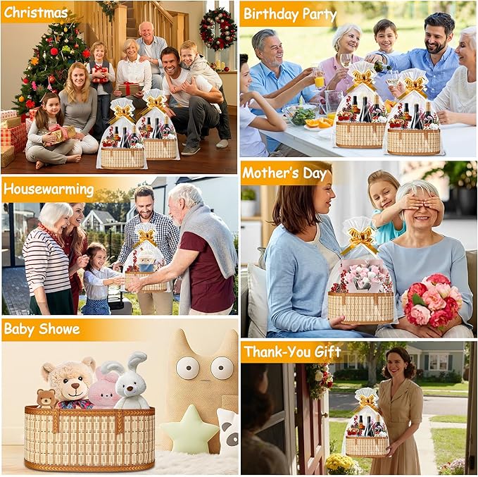 Leevcok 3 Set Baskets for Gifts Empty, Large Bamboo Gift Basket with Handle, Foldable Reusable Decorative Woven Basket for Christmas, Baby Shower, Mother's Day, Housewarming, Wedding