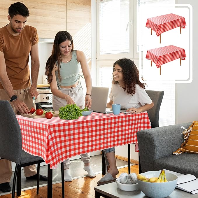 Nasitos 2 Pack Vinyl Table Cloth Flannel Backed 60x102 Inch-Rectangle Waterproof Tablecloth Checkered Red and White, Wipeable Plastic Table Cover for Dinner Party, Kitchen, Outdoor