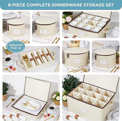 China Storage Hard Shell Containers 8-Piece Set Moving Boxes for Dinnerware, Glasses, Plates, Mugs and Saucers Sturdy Dish Organizer with Dividers for Seasonal Storage - Service for 12 - Beige