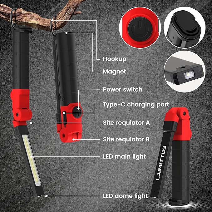 Rechargeable Work Light 2200mAh Magnetic LED Work Light Flashlight Mechanic Light Tool for Men Him, Foldable Lamp with Hook for Car Repair Emergency BBQ Grill