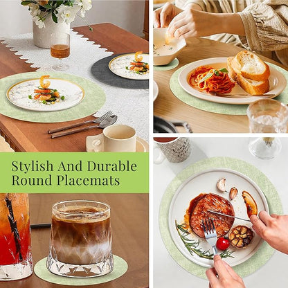 13-Inch Faux Leather Round Placemats Set of 4, Waterproof Anti-Slip Dual Sided Place mats, Heat Resistant Washable Table Mats with Coaster, Suitable for Indoor & Outdoor (4, Black Light Green)