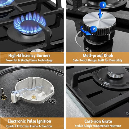 2 Burner Gas Cooktop, 12 Inch Built-in Propane/LPG/NG Dual Fuel Stove, Black Tempered Glass Hob with Thermocouple Protection & Adjustable Flame, for Apartment, Kitchen, RV