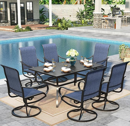 Sophia & William Outdoor Dining Set Patio Dining Set for 6 Outdoor Table and Chairs 7 Pieces Outdoor Patio Set with Swivel Patio Chairs 60"x 38" Metal Table for Garden Pool All Weather Blue