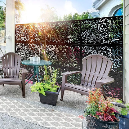 Elevens Patio Privacy Screen Balcony Decorative Screen Set with Stand, Outdoor Decor Privacy Fence Screen, Indoor Room Decorative Divider (Leaf-Black)