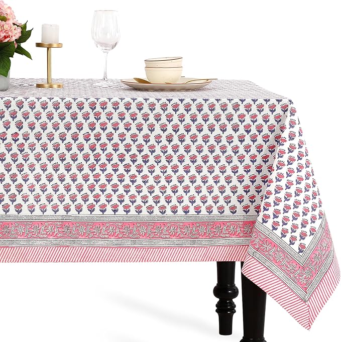 CPC Tablecloth 100% Cotton 70x118 Inch Indian Block Print Rectangle Table Cover, Table Cloth for Weddings, Spring/Summer, Barbeque -Pink Sapphire