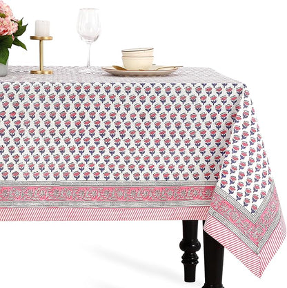 CPC Tablecloth 100% Cotton 70x108 Inch Indian Block Print Rectangle Table Cover, Pink Table Cloth for Weddings, Spring/Summer, Barbeque - Pink Sapphire
