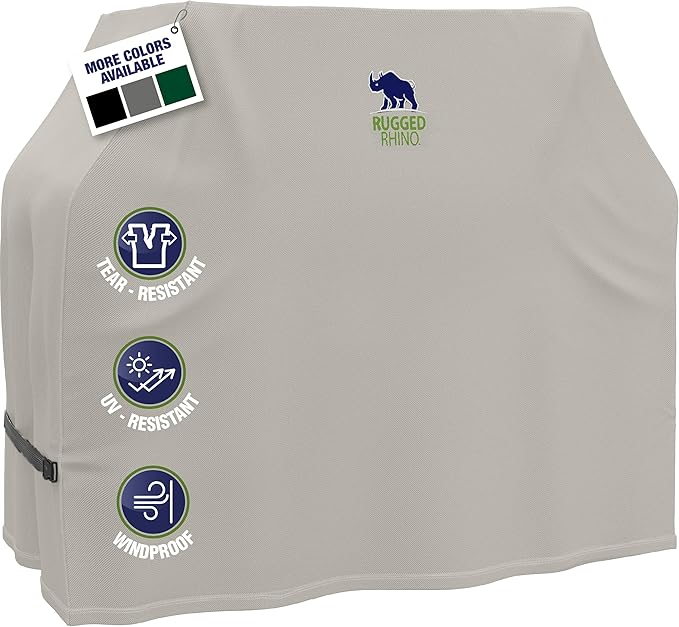RUGGED RHINO 64 Inch Heavy Duty Grill Cover for Outdoor Grills, All Season Three Layer Waterproof UV Resistant Windproof Gas BBQ Covers, Compatible for Weber Char-Broil Pit Boss Traeger and More Beige