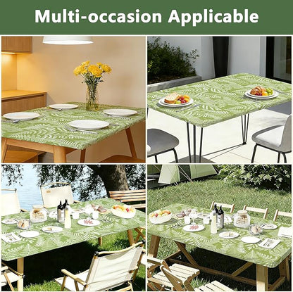 Rectangle Picnic Table Cloth, Elastic Waterproof Fitted Vinyl Tablecloths for 4 Foot Tables, Wipeable Flannel Backed Table Covers for Dining, Camping, Outdoor(Green Leaves,24"x48")