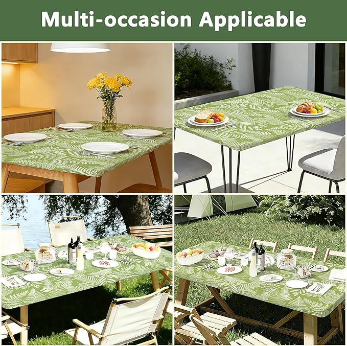 Rectangle Picnic Table Cloth, Elastic Waterproof Fitted Vinyl Tablecloths for 8 Foot Tables, Wipeable Flannel Backed Table Covers for Dining, Camping, Outdoor(Green Leaves,36"x96")