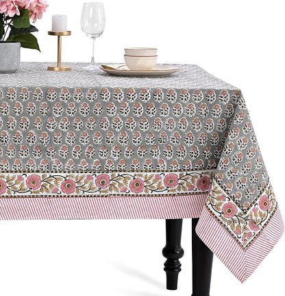 CPC Tablecloth 100% Cotton 70x108 Inch Indian Block Print Rectangle Table Cover, Gray Table Cloth for Weddings, Spring/Summer, Barbeque - Labra Gray
