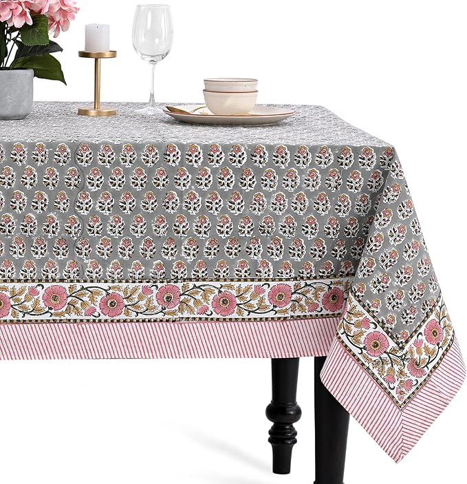 CPC Tablecloth 100% Cotton 72x160 Inch Indian Block Print Rectangle Table Cover, Gray Pink Table Cloth for Weddings, Spring/Summer, Barbeque - Labra Gray