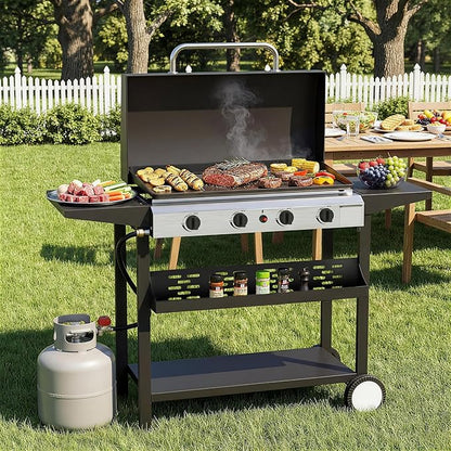 4 Burner Propane Griddle with Lid, 30 Inch Stainless Steel Portable Detachable Gas Griddle, 60,000 BTU Flat Top Grill with Side Shelves for Camping