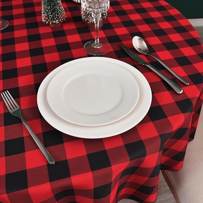 Waterproof Plaid Tablecloth Fabric - Round 90 Inch Classic Gingham Checker Table Cloth for Indoor/Outdoor Use - Buffalo Table Cover for Picnics, BBQs, and Parties