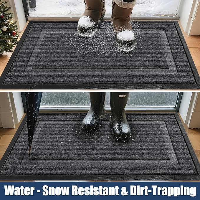 Front Door Mat Outside Entrance Indoor Doormat, 31" x 20" Outdoor Mats for Patio Waterproof, Outdoor Door Mats for Outside Entry, Indoor Rugs for Entryway, Sturdy Natural Rubber Entry Mat, Drak Gray