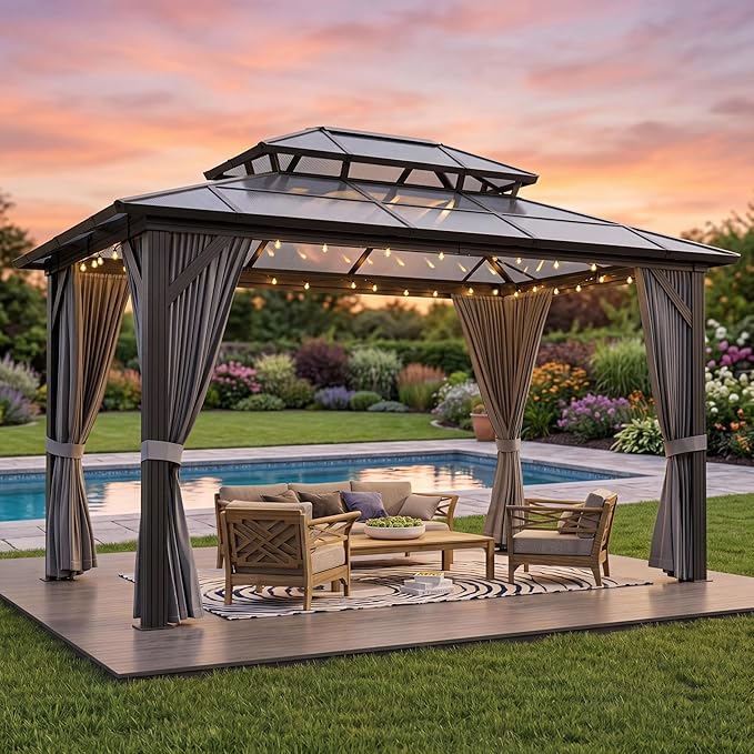 GAOMON 10'x12' Hardtop Gazebo, Outdoor Polycarbonate Double Roof Canopy - Image 2