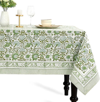 CPC Tablecloth 100% Cotton 72x190 Inch Indian Block Print Rectangle Table Cover, Green Table Cloth for Weddings, Spring/Summer, Barbeque - Agate Green