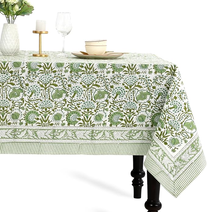 CPC Tablecloth 100% Cotton 60x60 Inch Indian Block Print Square Table Cover, Table Cloth for Weddings, Spring/Summer, Barbeque - Agate Green