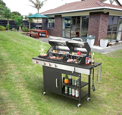 Gas and Charcoal Combo Grill, 37230 BTU 2-in-1 Outdoor BBQ, Dual Zone Cooking with Thermometer, Locking Wheels & Foldable Side Table for Patio and Garden Use(3+1 Burner + Charcoal grill)