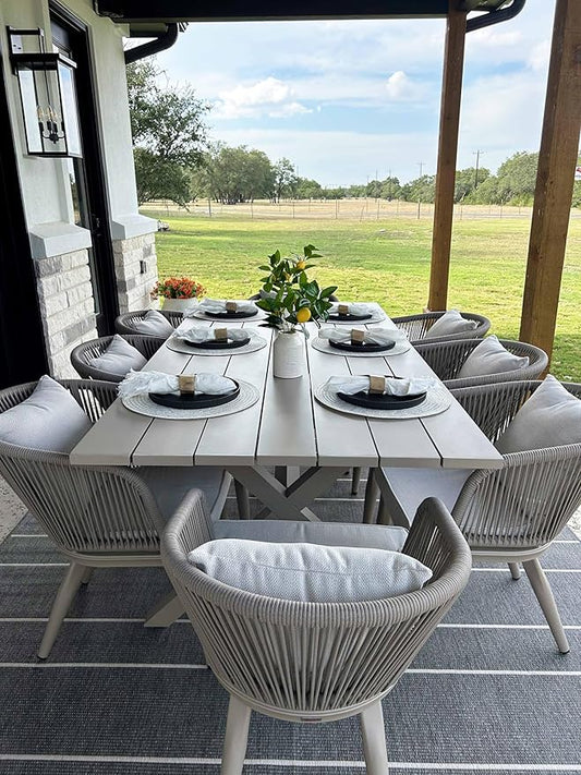 PURPLE LEAF 9 Pieces Patio Dining Set Wicker Outdoor Furniture Rectangular Table and Chairs Set for Garden Deck Aluminum Frame Backyard Kitchen Set, Cushions and Pillows Included Champagne