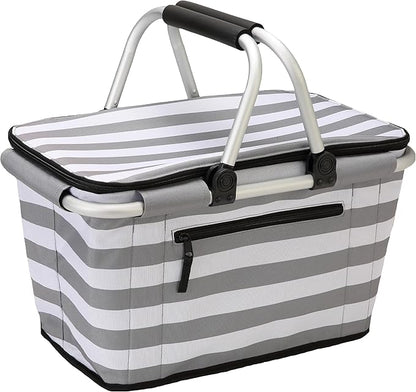 SIYUAN 30L Picnic Basket with Handles Leakproof Large Stripped Insulated Cooler Grocery Shopping Market Tote for Family Gray White