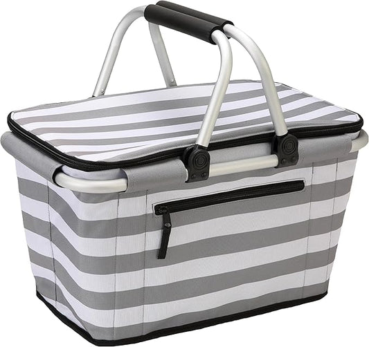 SIYUAN 30L Picnic Basket with Handles Leakproof Large Stripped Insulated Cooler Grocery Shopping Market Tote for Family Gray White