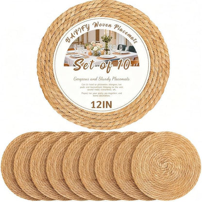 Round Woven Placemats 12 inch Set of 10 - Boho Farmhouse Natural Rattan Table Mats for Dining, Circular Place Mats for Kitchen Table Decor, Farmhouse Weave Placematsfor Dining Table Decor