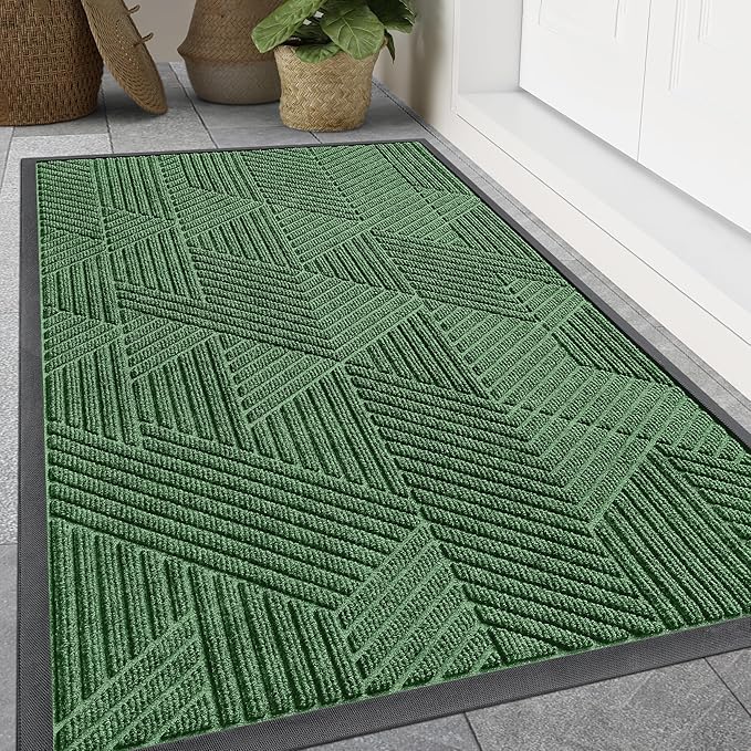 Smiry Front Door Mat Outside Entrance, Heavy Duty Sturdy Natural Rubber Doormat, Trap Dirt and Moisture, Easy Clean Low Profile Mats for Indoor Outdoor Entry, Irregular Triangle (59x24, Green)