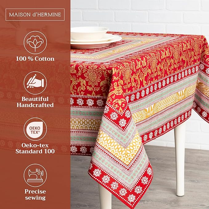 Maison d' Hermine Table Cloth Square Table 100% Cotton 54 x 54 Inches Fall Tablecloth Reusable Everyday Use for Thanksgiving Christmas Decorations Dining Farmhouse Party (Sofia)