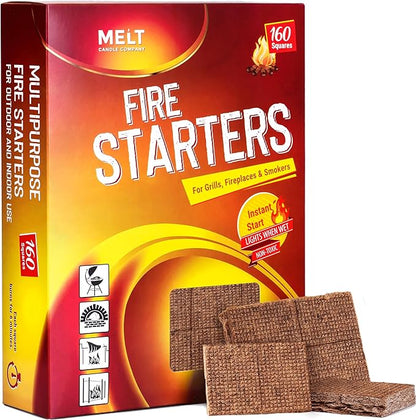 Melt Candle Company Fire Starter Squares, 160 Pieces - Fire Starters Kit for Campfires, Grill, Outdoor Fire Pit, Fireplace, BBQ - Water Resistant & Odorless - Camping Accessories