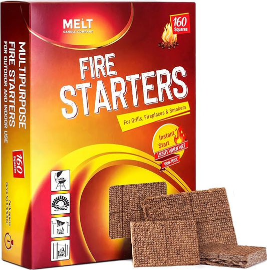 Melt Candle Company Fire Starter Squares, 160 Pieces - Fire Starters Kit for Campfires, Grill, Outdoor Fire Pit, Fireplace, BBQ - Water Resistant & Odorless - Camping Accessories