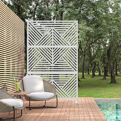 Casaphoria 72" H x 47" W Metal Outdoor Privacy Screen, Freestanding Decorative Divider for Patio, Deck, Balcony, and Garden with Stable Base, White Zodiac