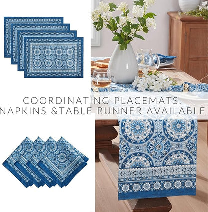 Elrene Home Fashions Vietri Medallion Blue Coastal Block Print Stain & Water Resistant Indoor/Outdoor Fabric Rectangle Tablecloth, 60"x84"