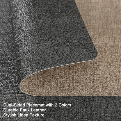 Myir JUN Placemats Dual Sided, Faux Leather Place Mats Set of 8 Indoor Placemat for Dining Table Non-Slip Washable Place Mat Heat Resistant Outdoor Table Mats (Set of 8, Gray Beige)