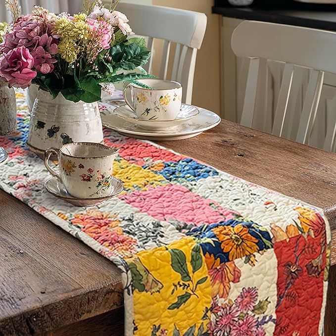 Cotton Quilted Floral Patchwork Table Runner 72 Inches Long – Handmade Farmhouse Table Runner for Dining Room, Coffee Table, or Buffet (Floral, 13*74)