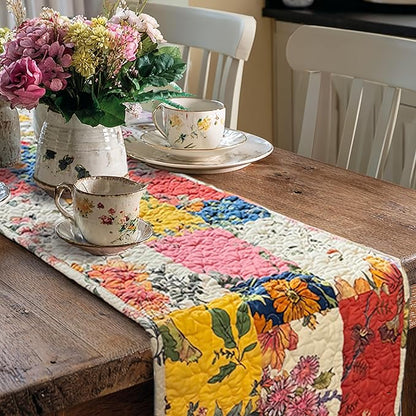 Cotton Quilted Floral Patchwork Table Runner 72 Inches Long – Handmade Farmhouse Table Runner for Dining Room, Coffee Table, or Buffet (Floral, 13*74)