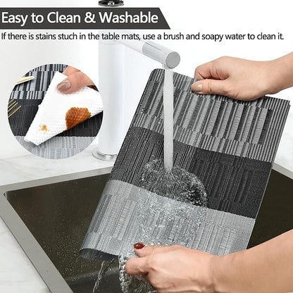 SLKQG Placemats Set of 6 - Easy Clean Washable Vinyl Placemats - Heat Resistant PVC Place Mats for Dining Table (Black and Gray, 6)
