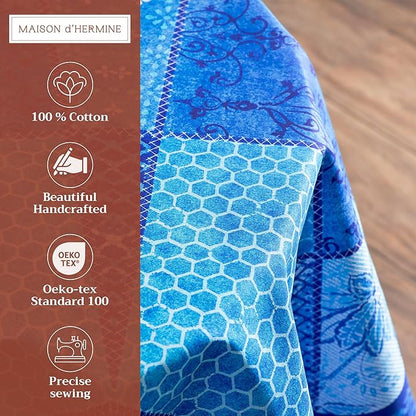 Maison d' Hermine Table Cloth Round Table 100% Cotton 63 Inches Tablecloth Reusable Decorative Everyday Use for Dining Room, Farmhouse, Home, Party, Festive & Wedding Spring Summer - Indigo Love