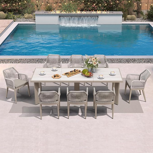 PURPLE LEAF 9 Pieces Patio Dining Set Aluminum Modern Rectangular Table and Rattan Arm Chairs with Cushions for Kitchen Porch Garden Outdoor Furniture Sets, Champagne