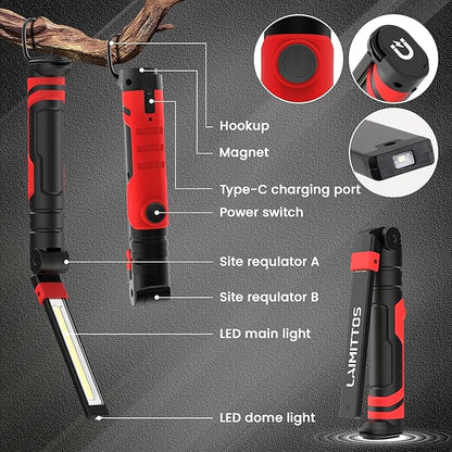 Rechargeable LED Work Light, Magnetic Flashlight Mechanic Light Tool for Men Him, Foldable Lamp with Hook for Car Repair Emergency BBQ Grill (2 Pack)