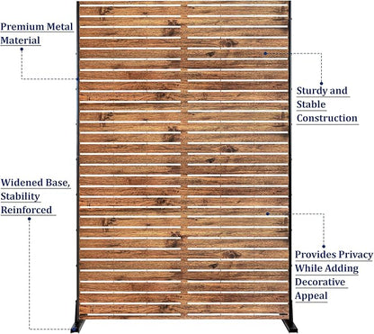 Metal Privacy Screen Outdoor 72" H×47" W Natural Wood Brown Patio Privacy Screen, Freestanding Decorative Privacy Screen for Deck Balcony Patio