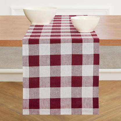 Solino Home Linen Checkered Table Runner 144 Inches Long - 100% Pure Linen Burgundy and White Buffalo Check Extra Long Table Runner 14 x 144 Inch Ideal for Dining, Valentines