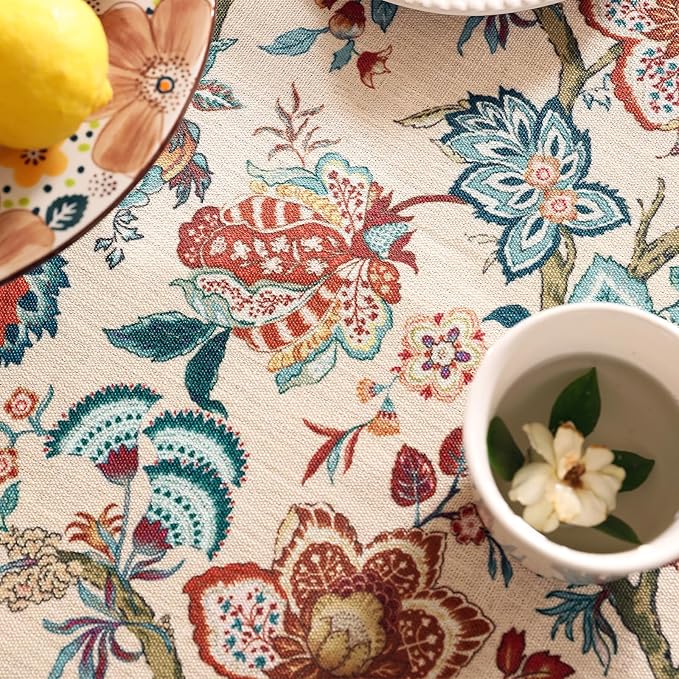 Linen Colorful Floral Rectangle Tablecloth,Vintage Indian Colorfast Block Print Extra Long Table Cloth,Decor Table Cover for Kitchen,Dining,Thanksgiving,Christmas,63"*110"-Mangala