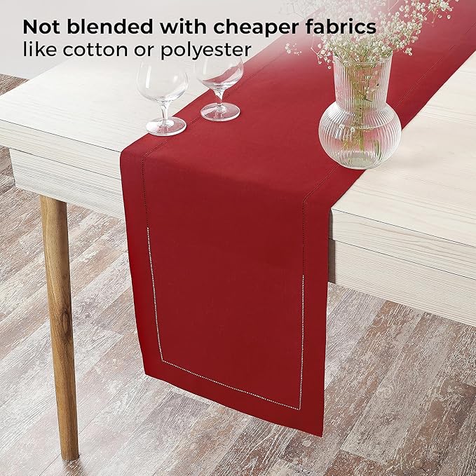 D'Moksha Homes Linen Red Table Runner 120 Inches Long - 100% Pure Linen Hemstitch 14 x 120 Inch Table Runner for Dining, Valentines, Spring - Classic Hemstitch