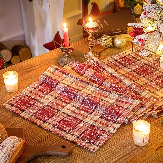 Red Plaid Snowflake Christmas Table Runner, Winter Holiday Table Runners 108 inches Long Xmas Decorations Indoor Outdoor Farmhouse Home Kitchen Dining Party Decor