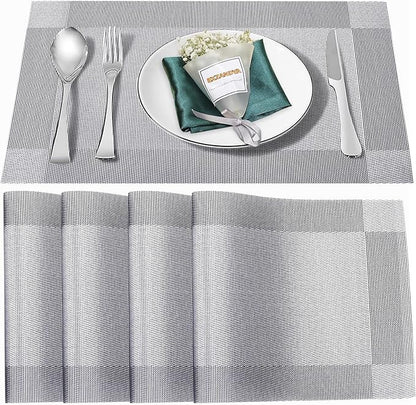 Placemats Set of 4,Washable,Heat and Stain Resistant Indoor/Outdoor Place mats,Vinyl Woven Non Slip Table Mats for Restaurant Table Protection,PVC Placemats(Silver,4PCS)