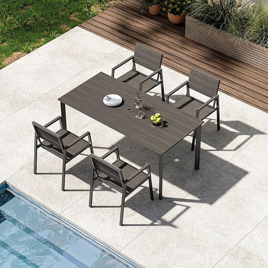 Outdoor Patio Dining Sets, Aluminum 5 Piece HDPS Outdoor Dining Table and Chairs Set with Umbrella Hole, Modern Rectangular Patio Furniture Set with All-Weather Table and 4 Chairs (Charcoal)
