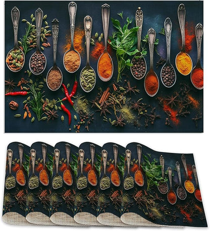 Various Herbs Placemats Set of 6,Spices for Cooking Table Mates Non-Slip Heat Resistant Washable Linen Place Mats for Party Kitchen Dining Decoration Indoor Outdoor 12"x18"