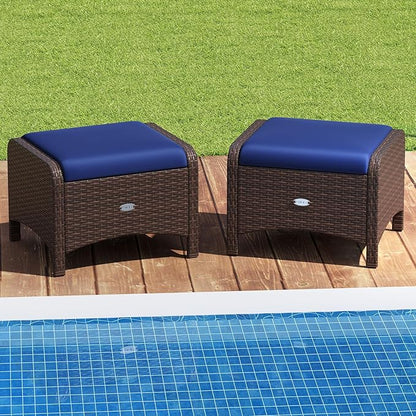 Tangkula 2 Pieces Outdoor Patio PE Wicker Ottomans with Removable Cushions, Outdoor Furniture for Additional Seating, Footrest and Side Table, Outdoor Footstools for Porch, Garden and Backyard